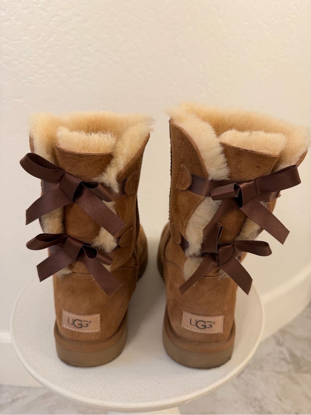UGG Bailey Bow Chestnut Suede Shearling Satin Bow-Back Women's Boots